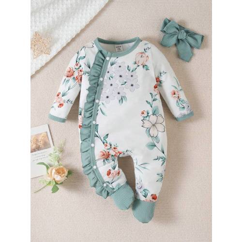 Baby Girl Floral Print Ruffle Trim Footed Sleep Jumpsuit | SHEIN USA