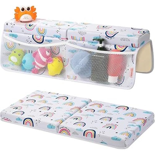 Bath Kneeler and Elbow Rest Pad Set - Comfortable 1.5” Thick Baby Bath Kneeler Pads with Toys Organizer, Non-Slip Knee Arm Support Bathtub Mat, Quick-Drying Kneeling Pad for Baby Bath Time