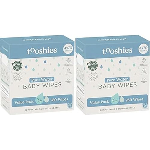 Tooshies Wipes | Pure Water Wipes | 100% Plastic Free | Biodegradable | Fragrance Free | 4 x 70pk (280 Wipes) (Pack of 2)