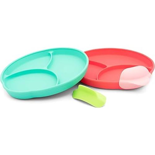 Silicone Easy Scoop & Hold Plate Set - Baby and Toddler Training Plates with Clip-On Rims for Easy Scooping, Self-Feeding and Baby Led Weaning, 6+ months (Watermelon)