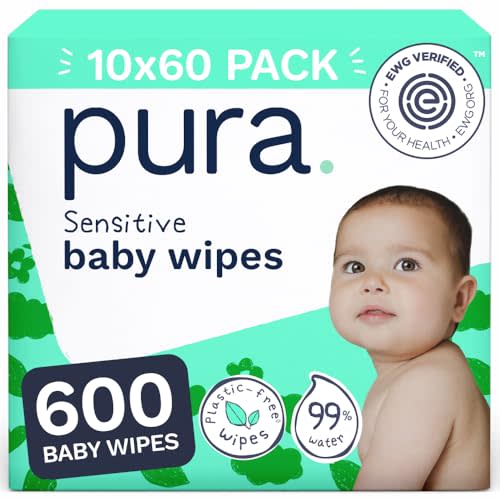 Pura Baby Wipes Unscented 600 Count Sensitive Skin with Aloe Vera | Twice as Soft, 3 Layer Cloth, 99% Water & Aloe Vera, 0% Perfume, Chlorine & Toxins*, EWG Verified