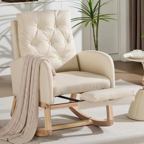 Rocking Chair Nursery with Footrest, Glider Chair, Cream Linen | Upholstered Glider Rocking Chair with Side Pocket, High Backrest, Button Tufted Rocker Glider Chair for Bedroom, Living Room