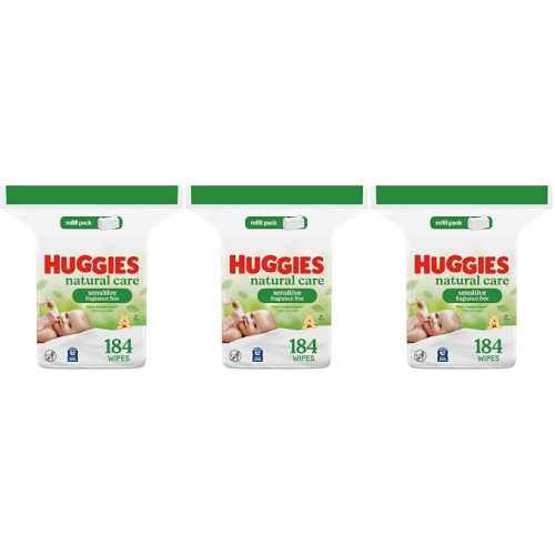 Huggies Natural Care Sensitive Baby Wipes, Unscented, Hypoallergenic, 99% Purified Water, 1 Refill Pack, 184 Count (Pack of 3)