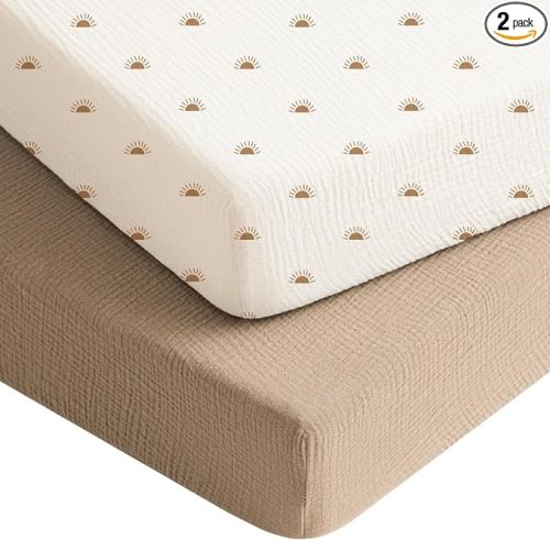 Konssy 2 Pack Muslin Crib Sheets for Baby Boys & Girls, 52" x 28" | Fits Standard Crib Mattress, Premium 100% Cotton, Soft & Breathable, Neutral Design, 360° Full Elastic Fit (Camel,Sun)