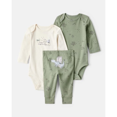 Baby Boy Dragon Print Cotton Long-Sleeve Bodysuit & Pant Set - Green/White | Carter's