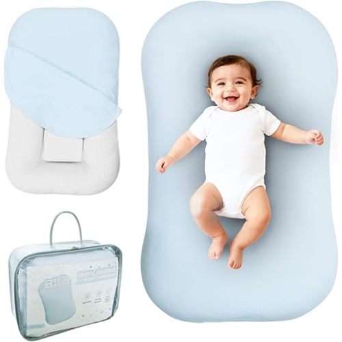 Aila + Aiden Baby Lounger | Organic Cotton Infant Lounger | Adjustable & Portable Floor Lounger | Supervised Use | Soft, Breathable, Washable Cover - Snuggle Collection - (Blue)