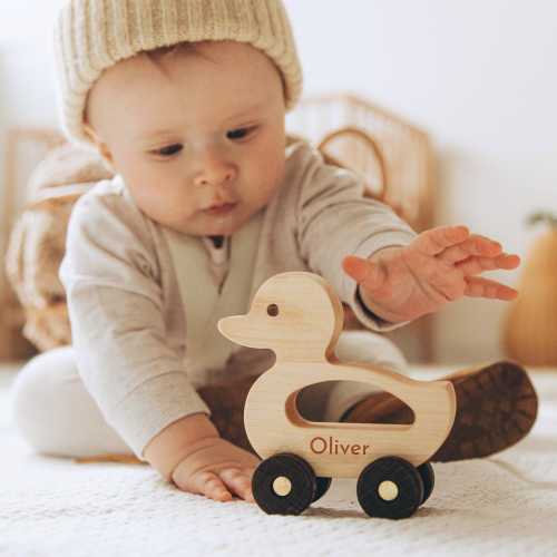 Wooden Toy Duck With Child's Name. Custom Baby Shower Gifts. Animals on the Wheels. Toddler Toys. Newborn Baby. Personalized Gift For Kids.