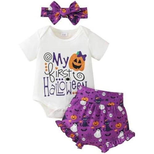 Halloween/Thanksgiving Baby Girl Outfit Pumpkin Romper+Ruffle Shorts Set+Headband Newborn Fall Clothes Clothing
