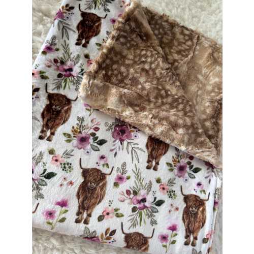 Purple Highland Cow Handmade Lovey Lavender Floral Nursery Decor Minky Personalized Baby Shower Girl Gift Embroidered Western Blanket