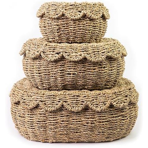 KOLWOVEN Set of 3 Wicker Storage Baskets with Lid - Decorative Handwoven Rattan Baskets for Organizing, Small Hyacinth Storage Boxes with Scalloped Edges, Natural Woven Storage Bins with Lids