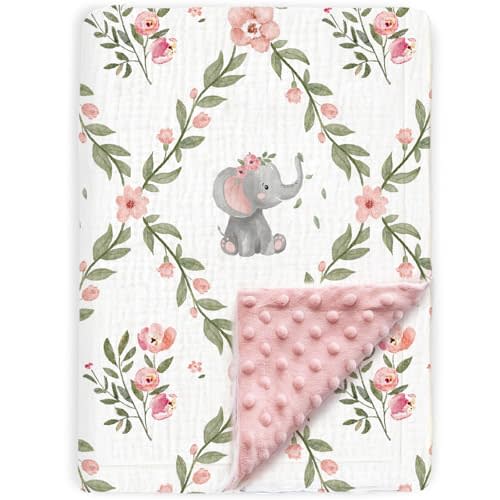 Muslin Elephant Baby Blankets for Girls 30 x 40 inch | Super Soft Nursery Minky Blankets with Muslin Cotton Front and Dotted Fleece Backing for Infant Toddler