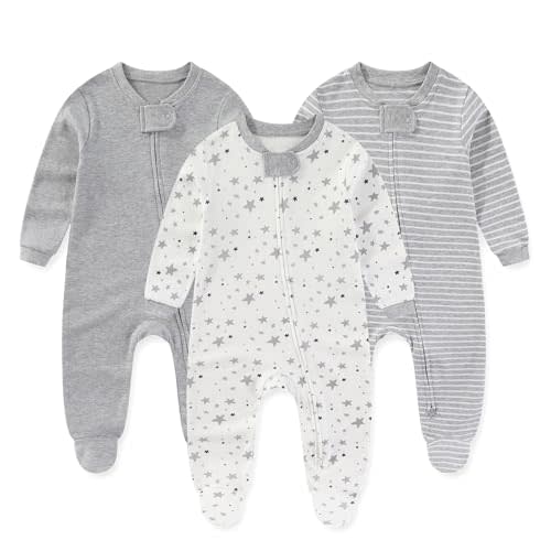 JELYLOVE Unisex Zipper Baby Footies Rompers Long Sleeve 3 Pack Infant Boy Girl Jumpsuits 0-12Months Babies Outfits