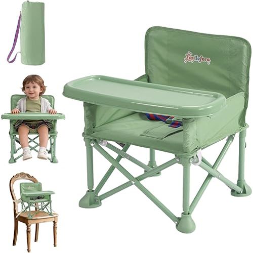 Portable Baby Chair,Portable 3-in-1 Baby Booster Seat with Tray,Folding Toddler High Chair for Travel,Camping, Home & Dining, Easy to Clean & Store, Safe with Child Safety Belt Carry Bag(Green)