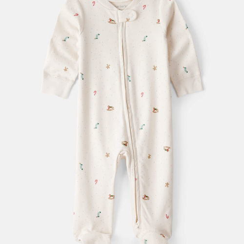 Cream Baby Christmas Microprint 100% Cotton Sleeper - Cream | Carter’s Oshkosh Canada