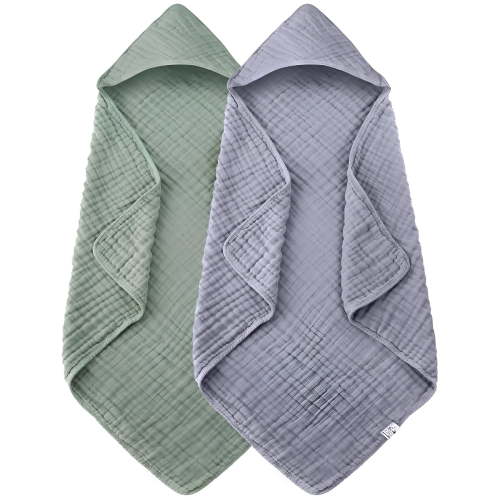 AUQ 2 Pack Hooded Baby Towels - 100% Muslin Cotton for Newborns,Infants,Toddlers - Large 32x32Inch Size - Highly Absorbent and Essential for Newborn Care,Green and Grey