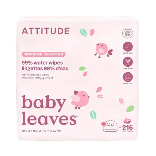 ATTITUDE Baby Water Wipes, EWG Verified, Safe for Newborns, Unscented & Fragrance-Free, 99% Water, Gentle & Hypoallergenic, Vegan & Dermatologically Tested, Travel Pack with Hard Lid, 72 Count (Pack of 3)