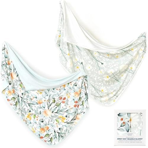 GRSSDER Baby Blankets Super Soft Stretchy Jersey Knit Swaddle Blanket 2 Pack for Baby Girls, Double Layer Reversible Receiving Blankets 34 x 44, Extra Large for Swaddling, Fruit & Daisy