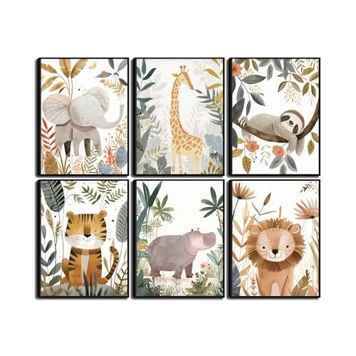 6Pcs Boho Baby Animals Wall Art Jungle Safari Canvas Paintings Cute Giraffe Elephant Lion Wall Decor Prints Inspirational Forest Animals Posters Pictures for Nursery kids Boys Bedroom Unframed