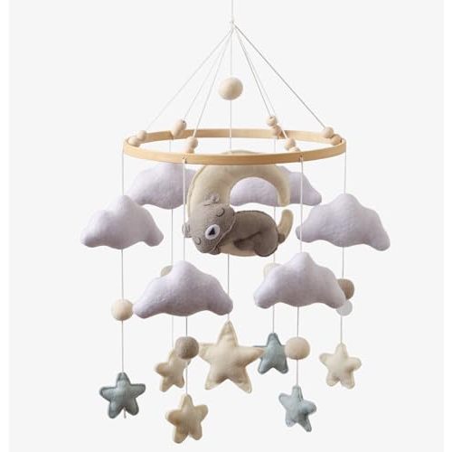 Moyii Baby Crib Mobile for Nursery - Handmade Felt Sleepy Bear on Moon Hanging Mobile - Gender Neutral Ceiling Decor for Boys Girls - Nordic Star Cloud - Newborn Baby Shower Gift