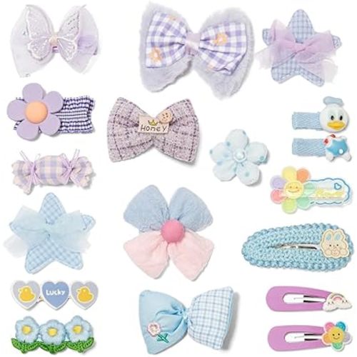 Hair Clips for Girls 18 Pcs No Slip Assorted Barrettes for Kids Bows Blue Purple Cute Hair Accessories for Little Girls Teens Toddlers Child Kids Gifts