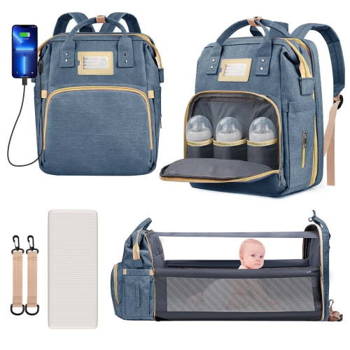 Diaper Bag Backpack, Multifunctional Baby Changing Bag with Foldable Crib & Insulated Milk Bottle Pocket, Large Capacity Travel Backpack with USB Charging Port & Stroller Strap (Dark Blue))