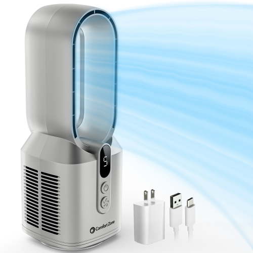 Comfort Zone 14" Rechargeable Bladeless Tabletop Fan, Silver