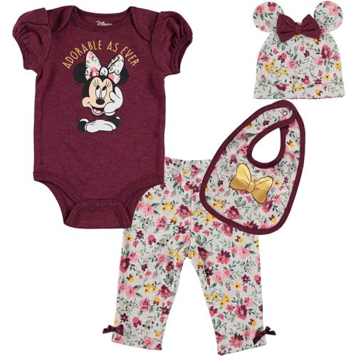 Disney Minnie Mouse Baby Girls Bodysuit Pants Bib and Hat 4 Piece Outfit Set Newborn to Infant