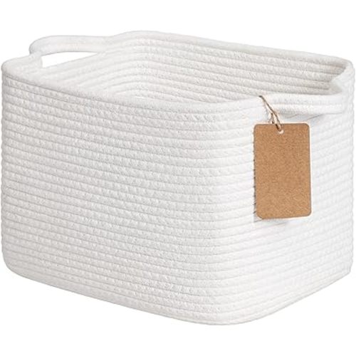 Goodpick Rope Basket, Storage Baskets for Organizing, Rectangle Baby Nursery basket with Handles, Small Woven Basket for Shelves, Living Room, 13 x 10 x 9 Inches, White