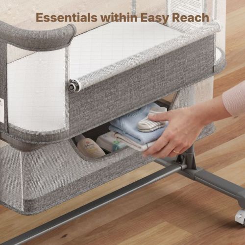 TODECARE 3-in-1 Convertible Baby Bassinet Bedside Sleeper with Adjustable Height, Wheels & Mosquito Net, Gray