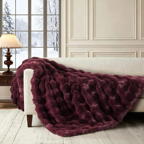 WDCOZY Luxury Bubble Throw Blanket, Faux Fur Mink Plush Throw for Couch, Sofa and Bed, Soft Thick and Warm, 50x60 inches, Dark Red Burgundy, 950 GSM