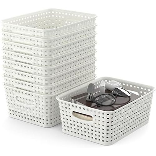9-Packs Plastic Storage Woven Storage Baskets, Plastic Baskets with Handles, Baskets for Home and Office Organizing, White.