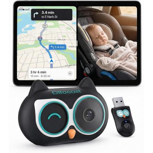 OTTOCAST Cabin Care Baby Car Camera 2026,Uses Your Car's Built-In Screen,No Extra Screen Needed,Split Screen for CarPlay and Baby View,No-Glow Night Vision,Plug&Play,150°Wide Angle(No Android Support)