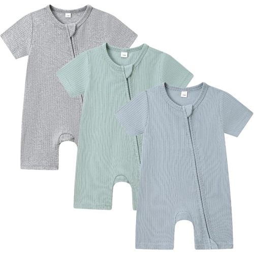 Bafeicao Baby Boy Girl 3 Pack Short Sleeve Rompers Ribbed Cotton 2 Way Zipper Solid Romper One Piece Jumpsuits Clothes