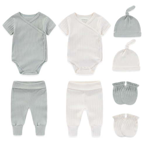 Zavbaby Unisex Newborn 8 Pieces Cotton Solid Color Baby Layette Sets