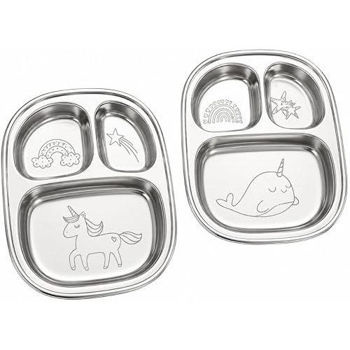 Stainless Steel Divided Plates for Kids Set of 2 | Unicorn Narwhal Design Hidden Under Food | Food-Grade 204 Steel | BPA-Free | Non-Toxic | Dishwasher Safe | Toddler Plates