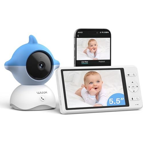WUUK 2K Video Baby Monitor, 5.5'' Baby Monitor with 360 PTZ Color Display with 135° Wide Angle, 3700mAh Battery, Ultra-clear Night Vision, Baby Camera with App, Temper & Humidity Sensor, Cry Detection