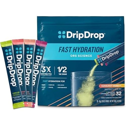 DripDrop Hydration Packets - Sunburst Variety Pack - Single Serve Electrolytes Powder Drink Mix - Lemon Lime, Strawberry, Peach, Black Cherry - Non-GMO, Gluten Free, Vegan - 32 Sticks