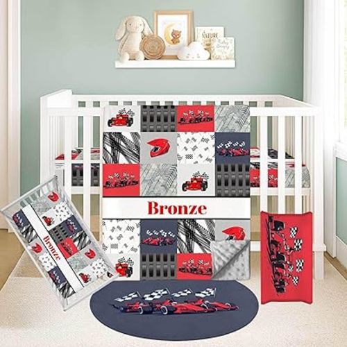 Personalized Baby Crib Bedding Set – Custom Name 3-Piece Nursery Set Including Blanket, Fitted Crib Sheet & Changing Pad Cover – Ideal Newborn Gift for Boys, Racing Car