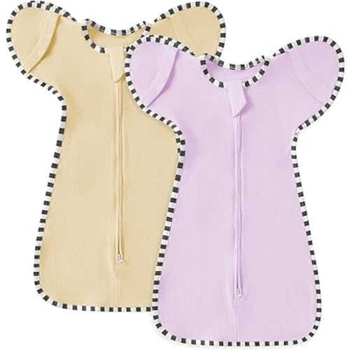 Soft Cotton Swaddle Blanket, Arms Up Baby Sleep Transitional Swaddle Sack Wearable Sleeping Bag for Boy Girl (Purple + Light Khaki, S(0-3 Months))