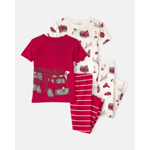 Baby Boy Firetruck Striped 100% Cotton Snug Fit 4-Piece Pajama Set - Red/White | Carter's