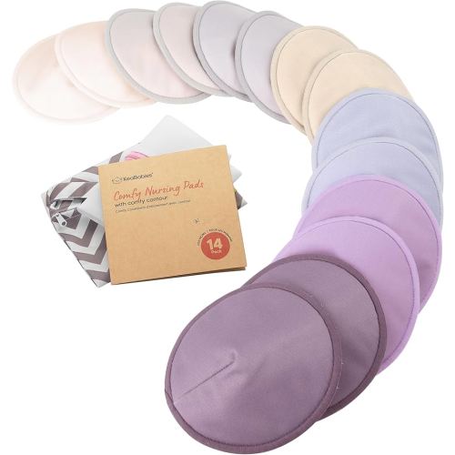 Organic Nursing Pads - 14 Washable Breast Pads for Breastfeeding, Wash Bag, Viscose Derived from Bamboo Reusable Nipple Covers for Breastfeeding Essentials, Soft & Absorbent (Violet, L 4.8")