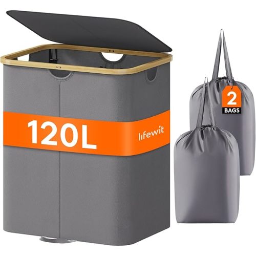 Lifewit 120L Double Laundry Hamper with Lid, Large Dual Laundry Basket Removable Bags, 2 Sections Aesthetic Clothes Hampers for Laundry with Bamboo Handles for Bedroom Bathroom Dorm, Grey