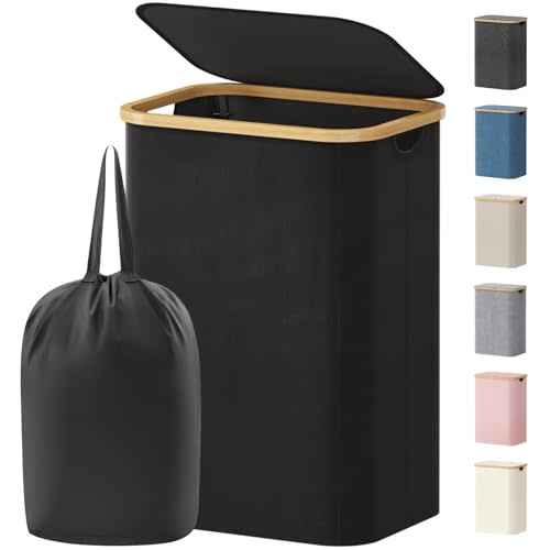 Lifewit 80L Laundry Basket with Lid, Clothes Hampers for Laundry with Bamboo Handles and 1 Removable Bag, Large Foldable Laundry Hamper for Bedroom, Bathroom, Dorm, Laundry Room, Black