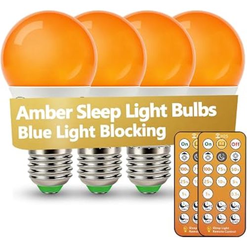 LED Sleep Amber Light Bulbs with Remote Control, 1600K E26 Circadian Light Bulb A15, 5W(40W Equivalent) for Sleep Therapy, Baby Nursery, Bedroom (4 Packs)