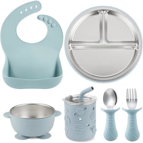 PandaEar 6-in-1 Stainless Steel Baby Feeding Set | Divided Suction Plate, Bowl, Sippy Cup with Straw, Bib, Spoon & Fork | BPA-Free Toddler Feeding Essentials for Self-Feeding (Blue)