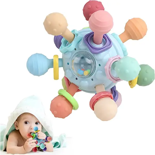 Baby Teething Toys - Infant Sensory Chew Rattles Toys - Newborn Montessori Learning Developmental Toy - Teethers for Babies 0 3 6 9 12 18 Months - Shower Gifts for 1 2 One Two Year Old Girls Boys