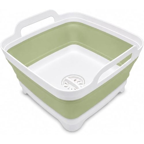 2.4 Gal(9L) Collapsible Dish Basin with Drain Plug, Space Saving Outdoor Multiuse Foldable Sink Tub, Dishpan, Kitchen Storage Tray for Camping, Vegetable Washing, RV (Green)