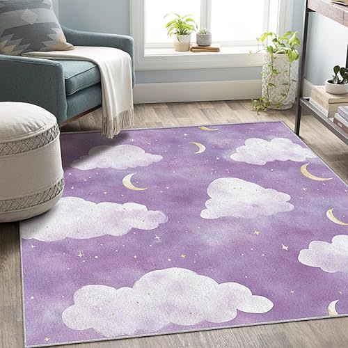 Purple Cloud Rug 4x6,Moon Star Area Rug Washable,Kids Girls Rugs for Living Room, Bedroom,Cloud Pattern Carpet Home Decor, Non Slip