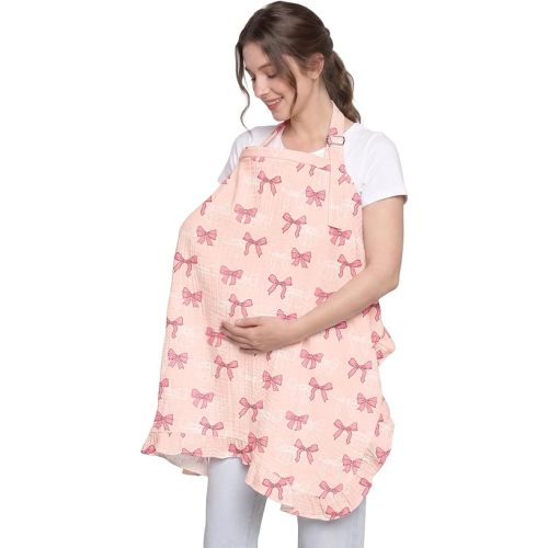 Muslin Nursing Cover Up for Breastfeeding 100% Cotton Breastfeeding Cover for Women Breathable Nestling Baby Comfy Nursing Cover Nursing Apron with Hoop for Mom and Baby (Pink, Bow)