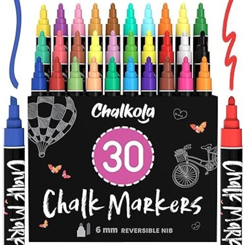 Chalkola Liquid Chalk Markers Erasable (30 Pack 6mm) Pastel + Neon Chalk Pens - Wet Wipe Washable Paint for Chalkboard Sign, Blackboards, Car Window, Glass, Bistro, Board, Mirror - 6mm Reversible Tip